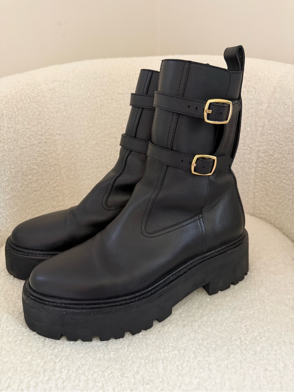 Celine Black Leather Lug-Sole Ankle Boots with Gold Buckle Straps